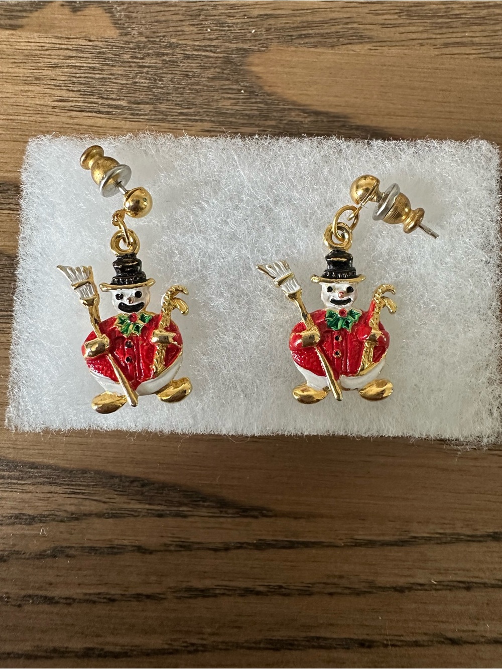 Vintage Christmas Enamel Snowman Dangle Earrings Gold Tone Holiday